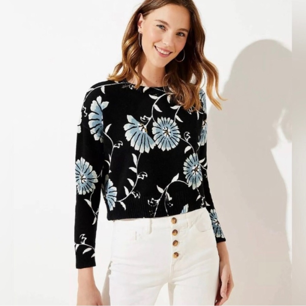 Loft cropped black cotton pullover sweater abstract floral XL